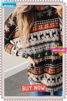 Multicolors Hoodie Patchwork Long Sleeve Cotton-blend Sweatshirt Cowgirl Closet, Reindeer Pattern, Closet Clothes, Sassy Style, Style Goals, Christmas Print, Winter Clothes, Casual Sweaters, Retro Prints