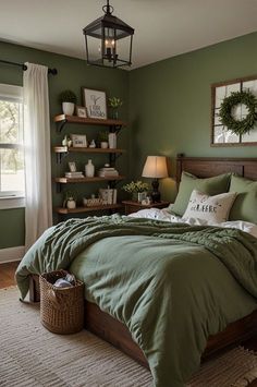 a bed with green comforter and pillows in a bedroom next to a window filled with wreaths