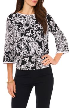 Beloved black-and-white paisley patterns this versatile knit top designed in a deeply flattering blouson silhouette. 24" length Ballet neck Three-quarter sleeves 96% polyester, 4% spandex Machine wash, tumble dry Made in the USA Elegant White Paisley Print Tops, Casual Black Blouse With Paisley Print, Casual Black Paisley Print Blouse, Elegant Black Paisley Print Tops, Paisley Print Blouse, Paisley Top, Blouse Nordstrom, Print Blouse, Paisley Pattern