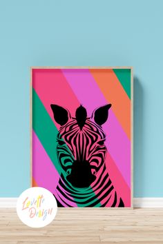 a zebra's head is shown in front of a colorful background