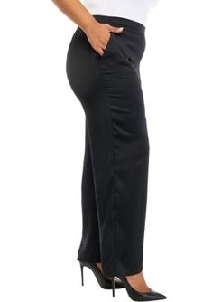 Luxe satin adds chic appeal to these wide-leg pants. | THE LIMITED Women's Plus Size Satin Pull On Wide Leg Pants, Black, 1X Sleek Satin Wide Leg Pants, Sleek Satin Bottoms For Workwear, Elegant Black Bottoms With Satin Finish, Black Satin Wide-leg Pants, Black Satin Wide Leg Bottoms, Black Full-length Satin Pants, Black Full Length Satin Pants, Sleek Satin Wide Leg Pants For Formal Occasions, Sleek Satin Wide Leg Pants For Formal Events