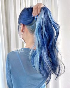 Blue Hair In Ponytail, Blue Pink Hair Color, Hair Colour Ideas Blue, Dimensional Blue Hair, Dyed Hair Ponytail, Blue And Light Blue Hair, Blue Rainbow Hair, Blue Tip Hair, Blue Color Block Hair