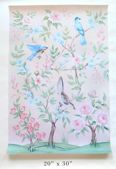 a painting with birds and flowers painted on the wall next to a white sheet that says 20 x 30