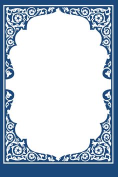 a blue and white frame with an ornate design on the bottom, it is blank for text