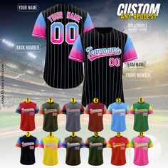 the custom baseball jersey for any team is shown in different colors and sizes, including pink, blue, green, red, yellow