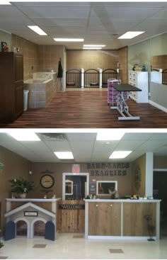 before and after photos of an office with dog kennels on the second floor