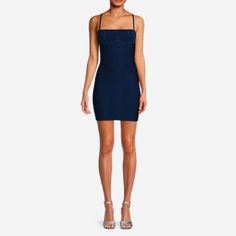 Designed To Flatter Your Curves, This Herv Lger Boycon Dress Features A Stretchy Ribbed Knit Fabric. The Square Neckline Is Mirrored At The Back, While A Mini Length Pairs Effortlessly With Heels. Square Neckline Sleeveless Back Zipper Polyester/Rayon/Spandex Machine Wash Imported Brand: Herve Leger Color: Blue Navy Size & Fit Bodycon Silhouette About 24” From Shoulder To Hem Date Night Dress With Straight Neckline In Elastane, Straight Neckline Elastane Dress For Date Night, Night Out Dress With Straight Neckline In Elastane, Blue Party Midi Dress With Straight Neckline, Blue Midi Dress With Straight Neckline For Party, Spring Evening Dresses, Slim Fit, Bodycon Mini Dress For Dinner, Summer Evening Bandage Dress In Elastane, Summer Evening Bandage Dress Made Of Elastane