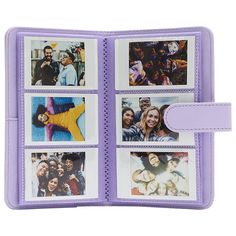 an open pink wallet with four photos on it