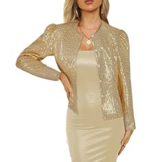 PRICES MAY VARY. One sequin jacket is included This is a jacket that blends trendy sequin elements, with sparkling sequins, button closure, long sleeves, and fluffy shoulder design. It has exquisite and durable seams that are not easy to fall off or split. Wearing a shiny sequin jacket, you can shine brilliantly at night and stand out from the crowd Suitable for disco halls, nightclubs, role playing costumes, rock and roll holiday pop music festival costumes, dance team performance costumes, wed Elegant Gold Blazer For Festive Occasions, Gold Sequined Outerwear For Winter, Luxury Gold Outerwear For Semi-formal Occasions, Sparkle Blazer, Gold Sequined Long Sleeve Outerwear, Luxury Gold Sequined Blazer, Team Performance, Costumes Dance, Groom Suits