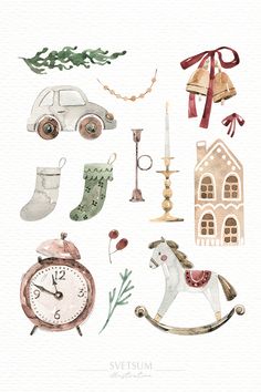 a watercolor painting of christmas items and decorations