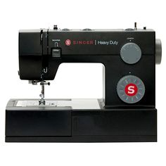 the singer heavy duty sewing machine is black and has buttons that read s on it