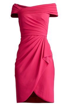 Pleats, ruching and ruffles work in elegant harmony to shape this sheath dress painted in a vibrant hue. 37" center front length (size Medium) Hidden back-zip closure Asymmetric neck Cap sleeves Lined 95% polyester, 5% spandex Dry clean Imported Pink Ruched Dress With Asymmetrical Neckline, Pre-draped Ruched Sheath Dresses, Fitted One-shoulder Dress With Folds, Fitted Pre-draped Dress With Folds, Fitted Draped Dress With Folds, Elegant Draped Dresses With Folds, Asymmetrical Dresses With Folds, Fitted Pink Dresses With Folds, Fitted Pink Dress With Folds