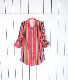 90s vintage tribal Aztec striped long sleeve tunic shirt/boho festival button down blouse/xl Measurements...taken flat -marked size: xl -across chest: 21.5" -length: 33" Features... -striped tribal print -cotton/polyester -slight stretch -button up sleeve -Miss Look Condition... -excellent vintage condition  -gently worn 1H3073* Bohemian Kimono, Canyon Road, Festival Tops, Kimono Cardigan, Boho Festival, Tunic Shirt, Button Down Blouse, Long Sleeve Tunic, 90s Vintage