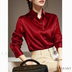 Lasaky - Premium Mulberry Silk Satin Shirt: Oversized Fit with Draped Design Satijnen Blouses, Shirt Elegant, Satin Bluse, Cashmere Outfits, Elegant Office, Satin Blouses, Button Up Long Sleeve, Satin Shirt, Satin Blouse