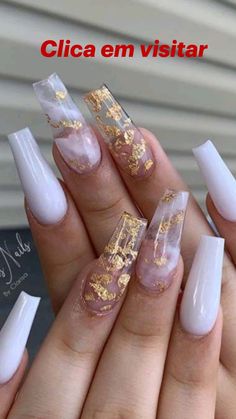 Gold Acrylic Nails Coffin, Nails Graduation, White Nails With Gold, Gold Acrylic Nails, Gold Nail Designs, Graduation Nails, Cute Acrylic Nail Designs, Gold Nail