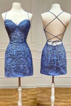 Tie Back Blue Appliqued Short Homecoming Dress Tight Hoco Dress, Hoco Dress Short, Navy Blue Homecoming Dress, Unique Homecoming Dresses, Tight Homecoming Dress, Bodycon Dress Homecoming, Hoco Dresses Tight, Mini Homecoming Dresses, Court Dresses