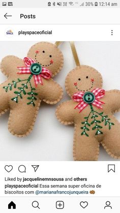 two gingerbread man ornaments hanging from a tweep on a string with the caption posts posted below