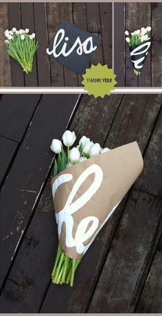 a bouquet of flowers sitting on top of a wooden table next to a sign that says el paso