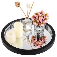 PRICES MAY VARY. Wooden+Glass Morror Vanity Tray - This vanity Tray make of premium wooden frame & bottom, finishing with with black paint, classy and elegant. The large glass mirror base and the medial wall decor with patches of glass mirror it looks more gorgeous Ornate & Practical Tray - Perfect for organize your jewelry,vanity, cosmetic, Makeup Brush, Perfume, Trinket, Rings, Necklace, Bracelets, Watches etc. Gorgeously display on the dresser,bathroom, table, countertop,Keep your item organi Coffee Table Centrepiece, Tray For Dresser, Bathroom Countertop Storage, Dresser Bathroom, Fake Candles, Makeup Tray, Mirror Vanity Tray, Tray Coffee Table, Coffee Table Centerpieces