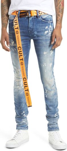 CULT OF INDIVIDUALITY Punk Men's Distressed Super Skinny Jeans | Nordstromrack Urban Style Ripped Fitted Jeans, Urban Ripped Fitted Jeans, Ripped Stretch Jeans For Streetwear, Stretch Ripped Jeans For Streetwear, Punk Man, Paint Splatters, Punk Rock, Stretch Denim, Denim Jeans