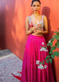 Pink Bandhani Lehenga with Lilac Floral Blouse And Red Dupatta The Little Black Bow - Fabilicious Fashion Bandhani Lehenga, Garba Night, Red Dupatta, Silk Bralette, Indian Wedding Wear, Fancy Dress Design, Dress Indian Style, Hand Dyed Silk, Skirt With Pockets