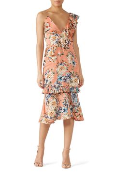 Rent Yuli Dress by VONE for $30 - $35 only at Rent the Runway. Chic V-neck Dress With Floral Print And Notched Neckline, Summer V-neck Ruched Floral Dress, V-neck Linen Dress With Floral Print, Rayon V-neck Midi Dress With Floral Print, Non-stretch Floral Print V-neck Midi Dress, Neutral Shoes