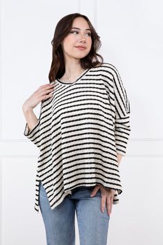 Fabric: 50% Polyester, 43% Polyester, 7% Spandex Measurements: Bust (Size M): 30"Length (Size M): 23.5" True To Size S 0-6 M 6-10 L 10-14 Spring Striped Stretch Sweater, Striped V-neck Knit Top For Spring, Striped Stretch Knit Top For Spring, Casual Striped Stretch Knit Top, Denim Jacket Short, Denim Joggers, Graphic Tops, Tall Girl, Boot Cut Denim