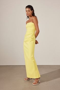 Lani Strapless Draped Maxi Dress | Lemon | Skirts | Shona Joy – Shona Joy International Elegant Ruched Yellow Maxi Dress, Elegant Yellow Ruched Maxi Dress, Yellow Fitted Strapless Maxi Dress, Yellow Strapless Gala Dress, Yellow Strapless Dress For Gala, Strapless Yellow Dress For Gala, Chic Yellow Strapless Mini Dress, Yellow Strapless Evening Maxi Dress, Strapless Yellow Maxi Dress For Evening