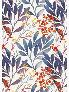 a painting of red berries and leaves on a white background with blue, green, yellow and orange colors