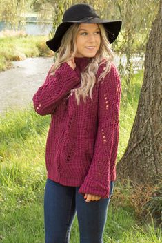 sweater, womens sweater, burgundy sweater, maroon sweater, red sweater, womens burgundy sweater, womens maroon sweater, womens red sweater, cutout sweater,  cutout burgundy sweater, cutout maroon sweater, cutout red sweater, mock neck sweater, mock neck burgundy sweater, mock neck maroon sweater, mock neck red sweater, cut out sweater, trendy sweater, cute sweater Cozy Turtleneck Sweater With Pointelle Knit, Winter Burgundy Turtleneck Sweater, Turtleneck Pointelle Sweater, Turtleneck Pointelle Knit Sweater, Pointelle Knit Turtleneck Sweater, Burgundy Knit Sweater For Fall, Burgundy Crew Neck Sweater For Fall, Oversized Open Knit Sweater For Fall, Cozy Pointelle Knit Sweater For Fall