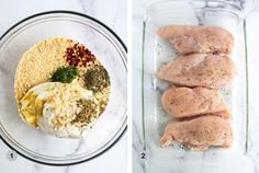 two pictures side by side one shows chicken, the other shows rice and seasoning