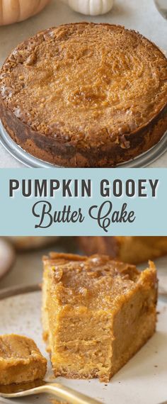 pumpkin gooey butter cake on a plate with the words, pumpkin gooey butter cake