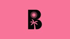 the letter b with a palm tree and sun on it's side in black against a pink background