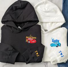 Cars Couple Embroidered Sweatshirt, Sally And McQueen Matching Hoodie, Sweatshirt, Cars Couple Gift, Adult/Youth Embroidered Sweater/Hoodie *Embroidered Sweatshirt/Hoodie*  Maximum Embroidery Sizes Chest center - 6"x6" Left/Right chest - 3.5"x3.5" Sleeve - 2.5"x2.5" Available embroidery position - Chest center Front/Back - Left/Right chest - Left/right sleeve - Neck Material: 8 oz./yd² (US) 13.3 oz./L yd (CA), 50/50 cotton/polyester - Classic fit - Make in US Matching Hoodies For Couples Disney, Truck Stuff For Boyfriend, Nike Cars Hoodie, Matching Disney Sweatshirts, Lightning Mcqueen Gifts, Lightning Mcqueen Hoodie, Couple Hoodies Aesthetic, Matching Disney Hoodies, Bf Birthday Gifts Boyfriends