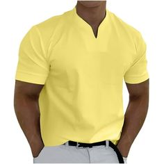 Men Casual Solid With Pockets Sports Short-sleeved V-neck Fitness Training Clothes T-shirt Top Features: Size: 3XL.  Color: Yellow. V Neck Polo Shirt, Male Tops, Men's Fitness, Training Clothes, Sport T-shirts, Muscular Men, Tee Shirt Homme, Business Outfit, Men T Shirt