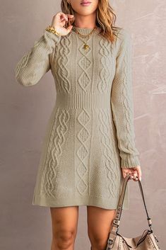 Mixed Knit Crewneck Mini Sweater Dress – La Boutique Dacula Knit Cable Pattern, Casual Chic Minimalist, Cable Knitting Patterns, Sweater Dress Casual, Style Casual Chic, Mini Sweater, Cable Pattern, Picture Style, Minimalist Dresses