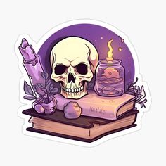 a skull sitting on top of an open book next to a candle and some plants