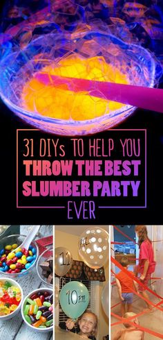 there is a collage of pictures with the words 31 diy's to help you throw the best slurber party ever