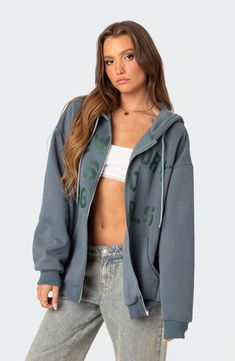 Heritage details and cozy comfort go hand in hand with this oversized hoodie featuring distressed graphics on the front. Drawstring hood 50% cotton, 50% polyester Hand wash, dry flat Imported Cute Zip Up Hoodie, New York Sweatshirt, Hoodie Zip, Swimwear Dress, Quarter Zip Sweatshirt, Oversized Hoodie, Hand In Hand, Hot Outfits, Oversized Sweatshirt