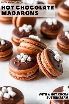 picture showing macarons topped with chocolate and mini marshmallows. Hot Chocolate Macarons, Buttercream Chocolate, Resepi Biskut, Chocolate Macaroons, Winter Baking