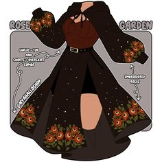 a drawing of a woman wearing a black coat with flowers on it and the words rose garden written below