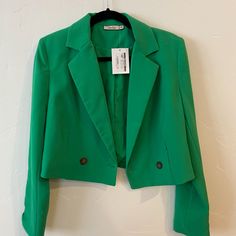 Green, Medium Cropped Blazer. Never Worn And New With Tags. Trendy Fitted Green Cropped Jacket, Green Cropped Outerwear For Work, Cropped Green Outerwear For Work, Green Cropped Fitted Outerwear, Green Cropped Jacket For Spring, Chic Green Cropped Long Sleeve Jacket, Trendy Green Cropped Jacket For Work, Green Long Sleeve Cropped Jacket For Spring, Chic Green Cropped Jacket For Spring