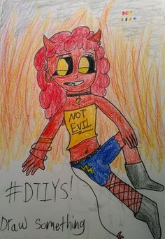 a drawing of a girl with red hair and yellow eyes holding a sign that says, not evil draw something