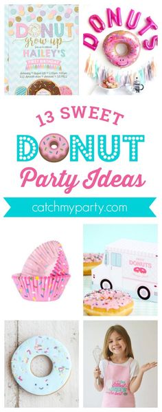 donut party supplies and desserts with text overlay