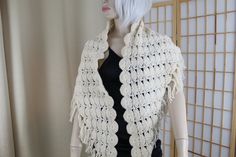 "Light smaller size shawl Crocheted No tags Not sure if its wool or acrylic Price reflects this.. Lightweight Good condition Not washed yet... Measurements End to end on top: 72\" Length down back: 22\" Including 3.5\" Fringe We offer a fair return policy. Check out our policies for details!" Handmade Cream Shawl For Winter, White Vintage Shawl For Winter, Vintage White Winter Shawl, Mantilla Veil, Velvet Scarf, Chapel Veil, Crochet Shawl, Shawls And Wraps, Hand Crochet