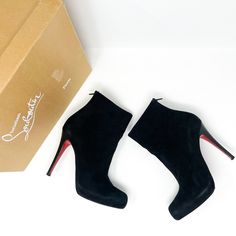 Christian Louboutin Ariella Talon 120mm Ankle Boots Heels: 4.75" Size: Eu 40 Color: Black Black Suede Semi-Pointed Toes Stiletto Heels Exposed Zip Closure At Ankles Includes Original Box Signs Of Normal Wear, Marks On Sole Overall Great Condition Always Authentic Ankle Boots Heels, White Lady, Black Suede Ankle Boots, Boots Heels, Box Signs, Suede Ankle Boots, Louboutin Shoes, Heeled Ankle Boots, Christian Louboutin Shoes