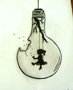 a drawing of a person hanging from a light bulb