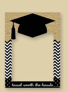 a black and gold graduation photo frame with a mortar cap on it's side