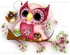 a pink owl sitting on top of a tree branch with two little owls around it