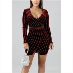 Rhinestone Coated Velvet V - neck Zip - up Mini Dress (S Embellished V-neck Bodycon Dress For Night Out, Embellished V-neck Bodycon Dress, Embellished V-neck Mini Dress For Date Night, Embellished V-neck Mini Dress For Club, V-neck Embellished Mini Dress For Club, V-neck Rhinestone Mini Dress For Night Out, Mini Fashion, Neck Pattern, Above Knee